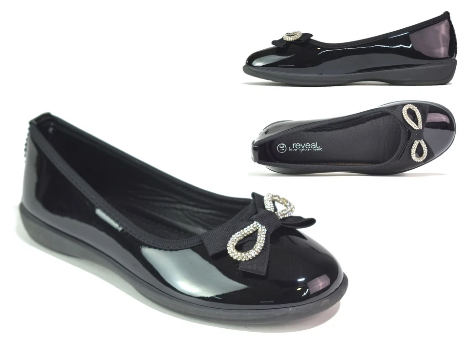 Girls Diamante Black Shoes Infants Kid Casual Slip on Summer School UK Size 10-3