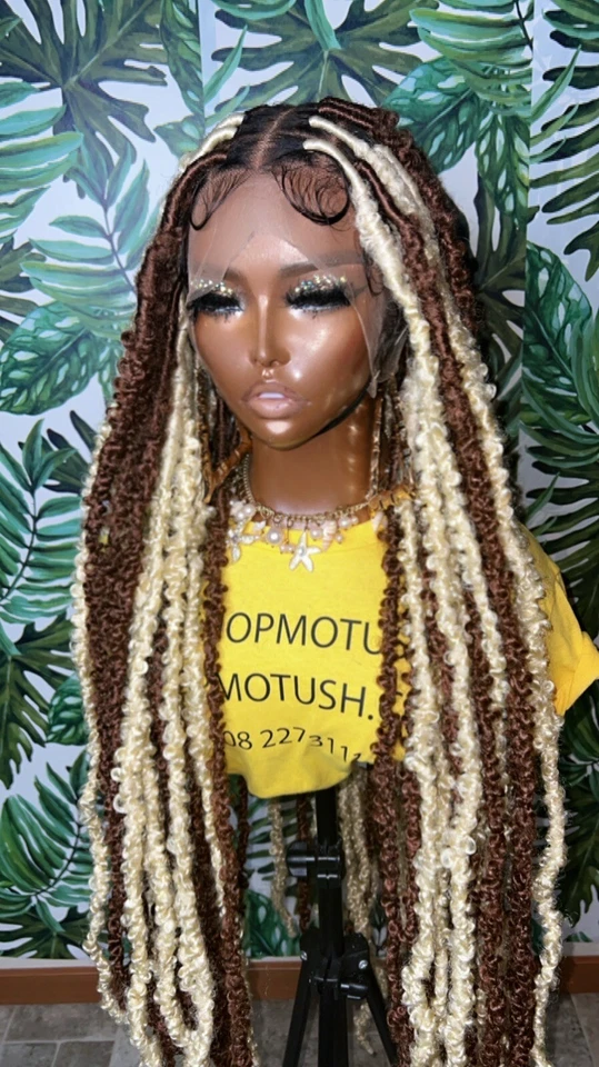 Peluca trenzada, trenzas de caja, locos de imitación, peluca frontal de encaje, sintética, sin nudos. Foto 3 de 4