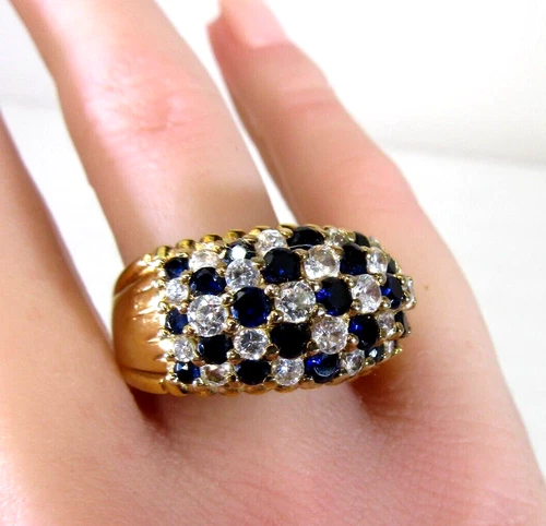 Vtg 925 Sterling gold plated crystal rhinestone cocktail RING blue topaz CZ 10.5