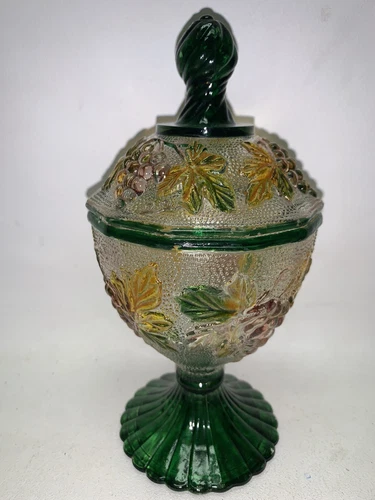 Candy Dish￼ Raised Grapes  Dark Green Brown Clear Illustrated Depression glass