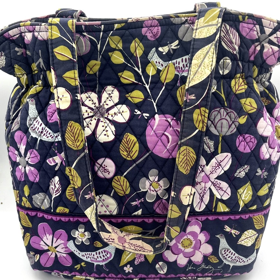 Vera Bradley Nightingale Tote Bag Purse & Wallet Set. Navy Purple Nice