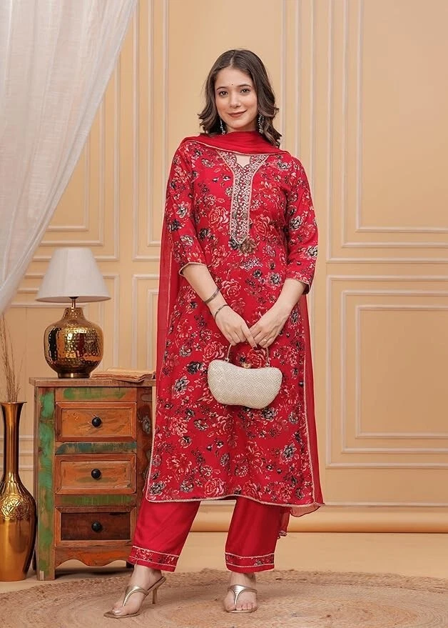 ❤️ Indian Bollywood Ethnic Red Suit Set 💃 Floral Kurta with Dupatta for Women - Image 2 of 4