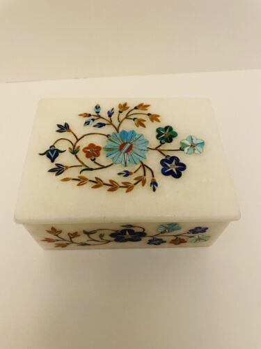 marble jewelry box wirh semi precious stone floral inlay handmade