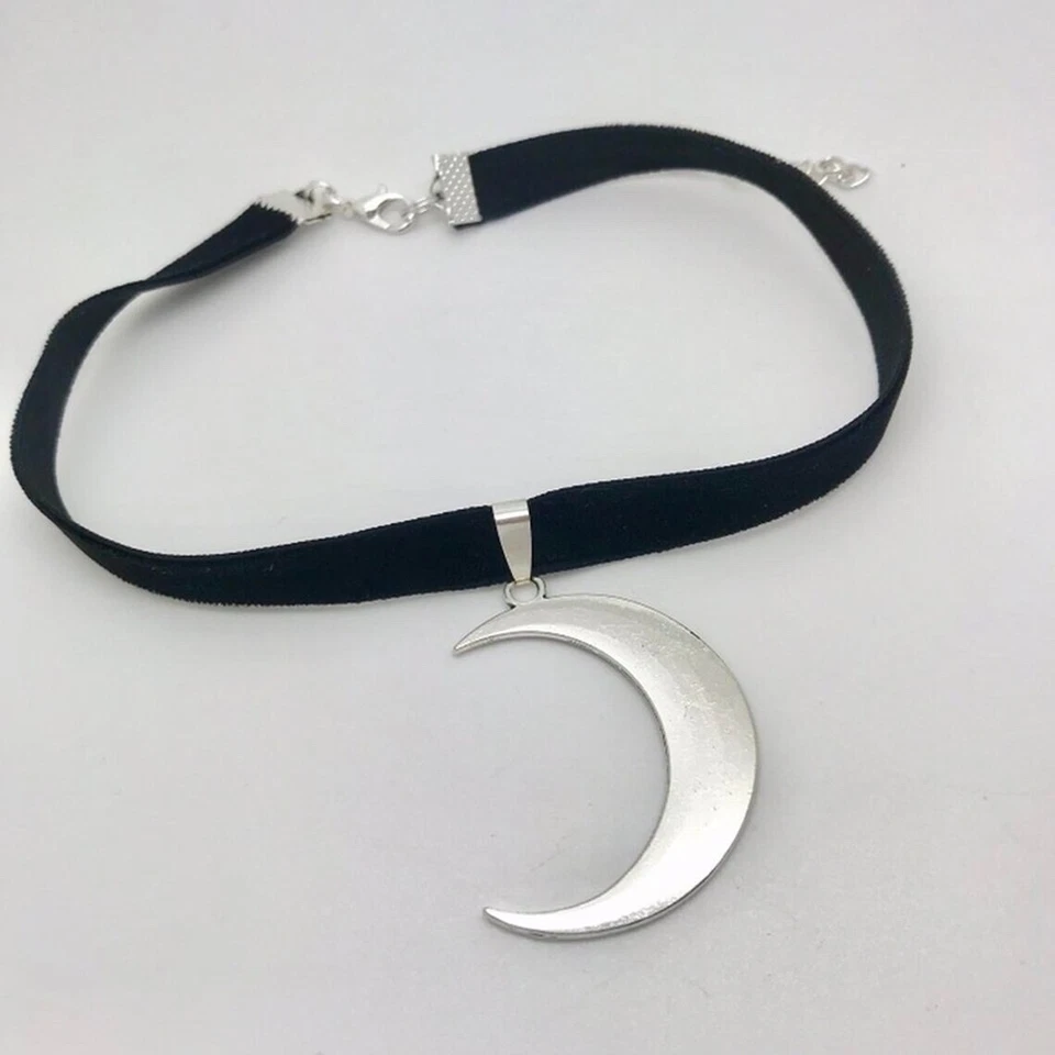 Collar gargantilla colgante de luna creciente de plata en terciopelo negro joyería*gótico Foto 4 de 4