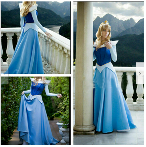NEW Sleeping Beauty Aurora Blue Satin Princess Dress Cosplay