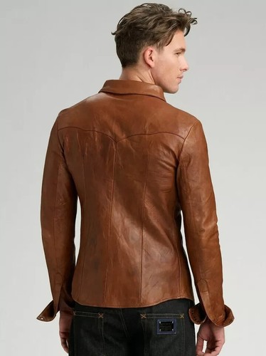 Stylish Genuine Handmade Men Shirt Brown Formal Casual Pure Lambskin Leather - Picture 2 of 5