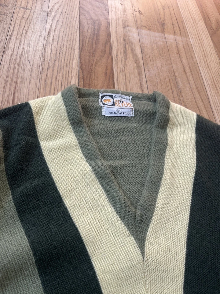 Suéter Retro Vintage Años 60 Mod Revere Para Hombre Medio Verde Cuello en V Rayas Tejido Foto 2 de 4