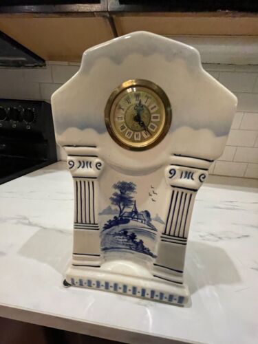 West Germany Porcelain Wind Up Clock M.W Mercedes Delft Motif Belgian Blue 417 - Picture 4 of 24