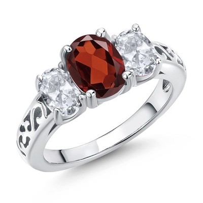 3-Stone Birthstone & White Topaz Filigree Ring for Women | 925 Sterling Silver