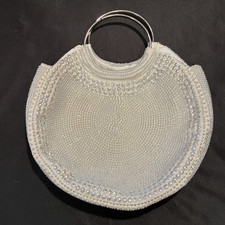 Vintage Rounded Beaded White Purse With Metal Ring Handles - Made in Hong Kong
