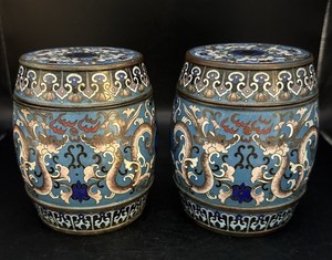 Pair Of Antique 19th Century Chinese Blue Cloisonné Tea Caddies Dragon Motif 5”T