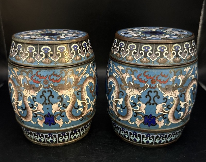 Pair Of Antique 19th Century Chinese Blue Cloisonné Tea Caddies Dragon Motif 5”T