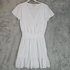 Michael Michael Kors Dress Womens M White Eyelet Wrap V Neck Smocked Ruffle Mini