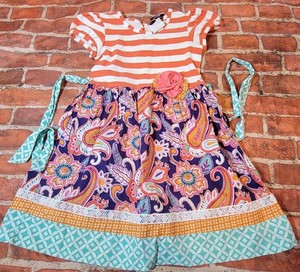 Girls Counting Daisies Dress Size 6 Orange Striped Bodice Paisley Floral Skirt