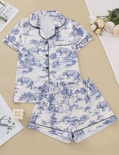 pajama set  short-sleeved  top and elasticated waistband shorts women's lounge