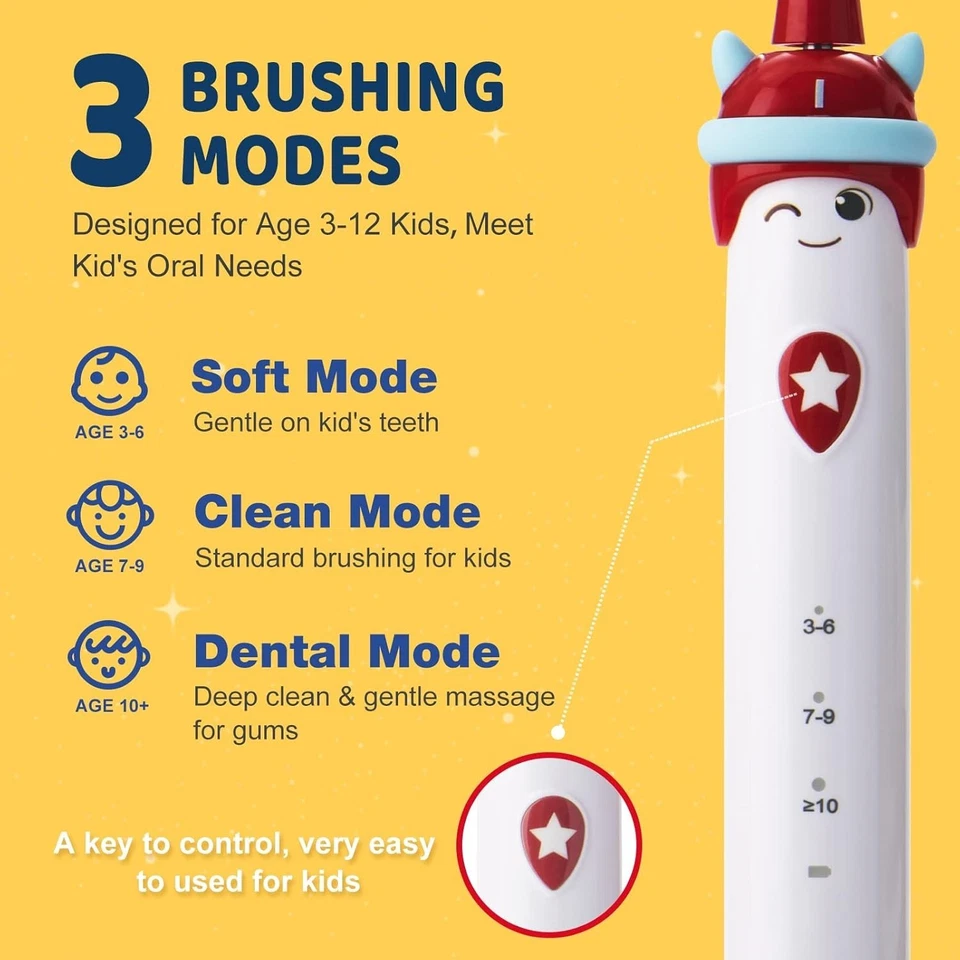 Kids Electric Toothbrush Rechargeable with 2 Brush Heads 3 Modes, 2-Minute Timer - Image 4 of 4