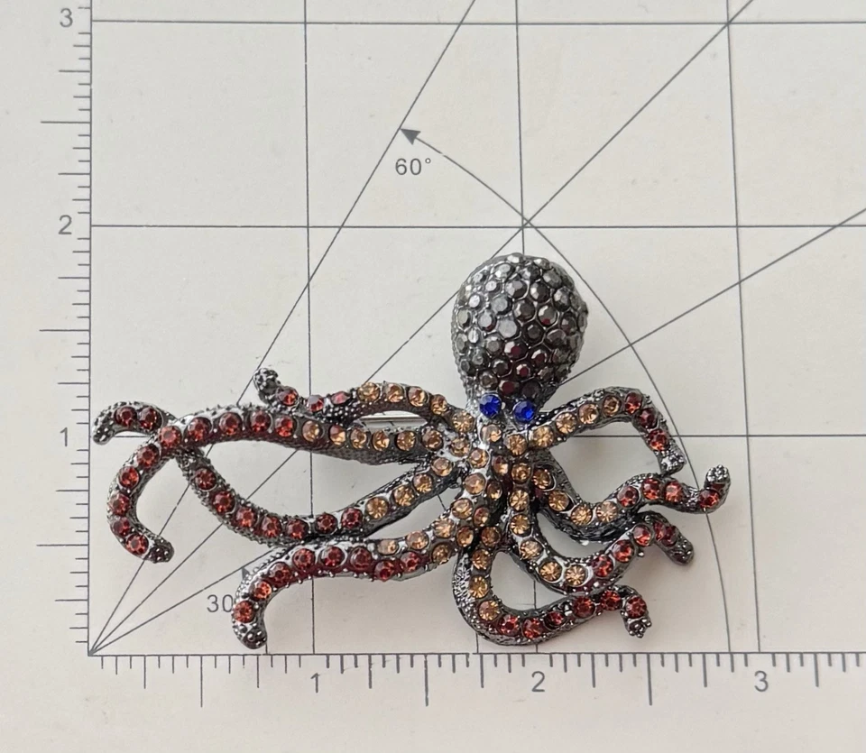 Осьминог брошь / подвеска эмаль на металле с кристаллами - Изображение 2 из 4