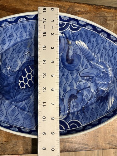 Antique Japanese Repaired Plate Warmer Boat Shape, Blue And White Ceramic Tray - Picture 7 of 24