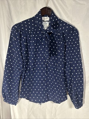 Tulip B Blue Heart Tie-Neck Blouse Retro Vintage Inspired Size Small Women s