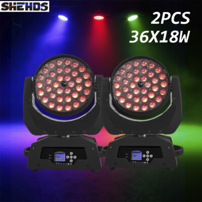 SHEHDS 2Pcs LED 36x18W Wash Zoom Moving Head Light RGBWA+UV 6in1 Button Version