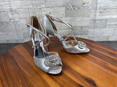 Badgley Mischka Heels Sandals Womens Shoes Silver Rhinestones Wedding  Party