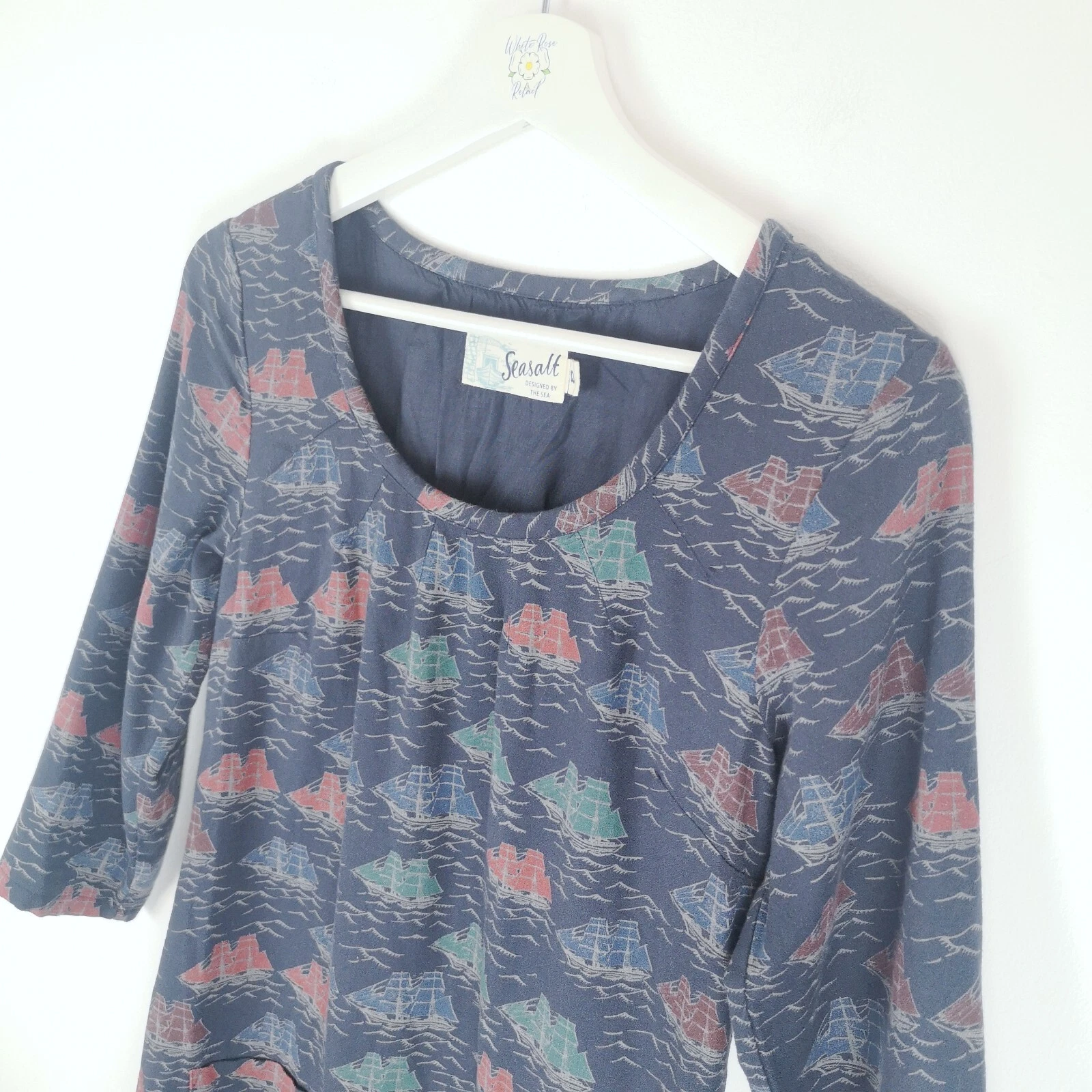 Abito San Valentino Seasalt blu UK 8 nave nautica barca stampa tunica Cornovaglia