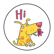 30 CUTE HI ENVELOPE SEALS LABELS STICKERS 1.5" ROUND HELLO DOG PUPPY FLOWER