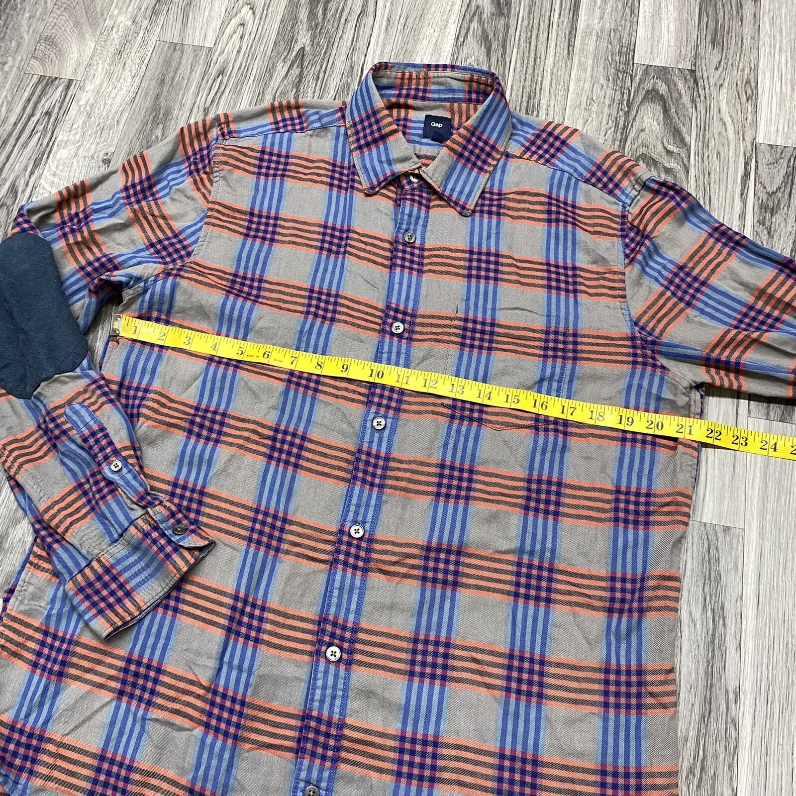 GAP Collared Button Down Patch Sleeve Grey Plaid … - image 6