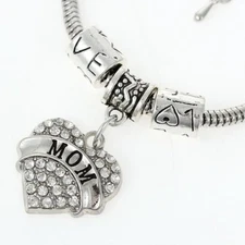 "Mom" European Snake Chain Charm Bracelet with Clear Heart Pendant and Love Spac