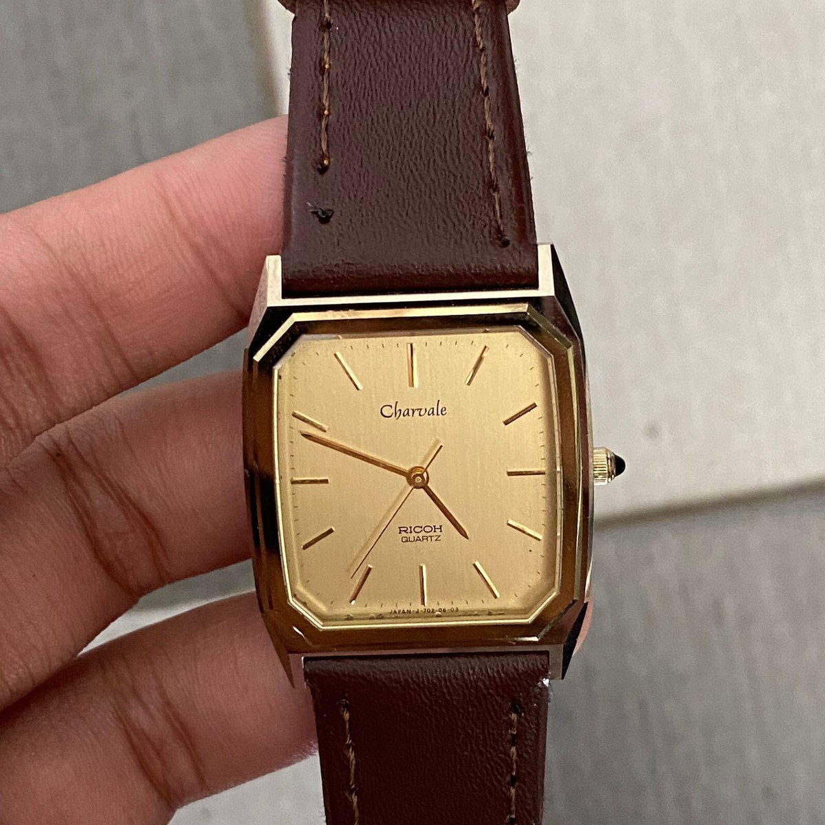 Rare Ricoh Charvale 702011 Quartz Square Gold Dial Slim Dress