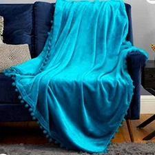 Fleece Throw Blanket Pom Pom Blankets - Teal Throw Blanket (Teal , 50" x 60")