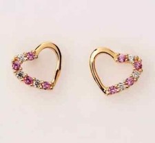 2CT Round Lab-Created Pink Ruby Heart Shape Stud Earrings 14k Yellow Gold Plated