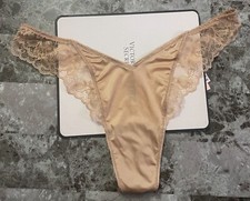NWT VICTORIA'S SECRET BEIGE SATIN SMOOTH LACE GOLD RING HIGH LEG THONG PANTIES