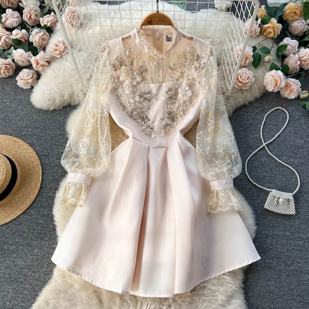 See through Lace Mini Dress Women's Stand Collar Beading Long Sleeve s-xxl See through Lace Mini Dress Women's Stand Collar Beading Long Sleeve s-xxl