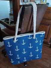 LARGE TOTE BAG BLUE NAUTICAL ANCHOR MOTIF CANVAS BOAT BAG BEACH BAG