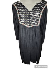 Umgee Dress Tunic Black Large 3/4 Sleeves Vneck Pleated Peasant Boho Hippie