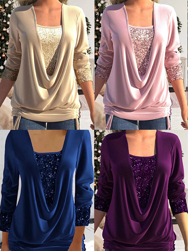 Womens Summer Tunic Tops Ladies Long Sleeve Sequins Shirts Blouse Plus