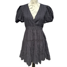 Zara -737 Women's Lace Insert Puff Short Sleeve Babydoll Dress Black Size Medium