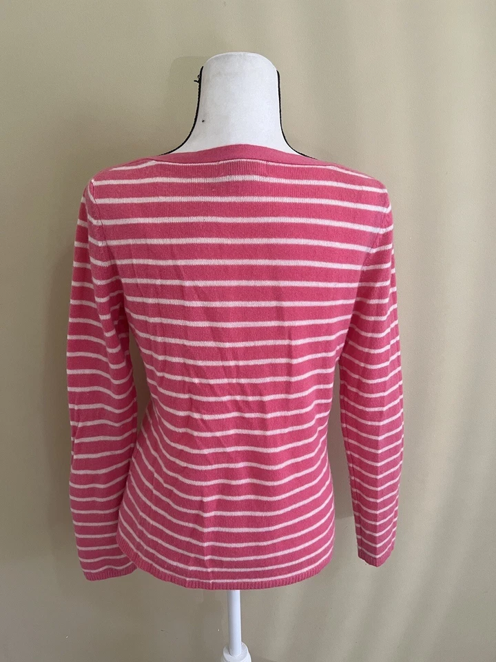Peck & Peck Boat Neck Sweater 100% 2-Ply Cashmere Sz M Pink White Stripes - Image 4 of 4