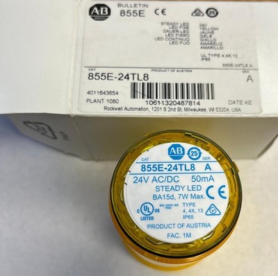 Allen Bradley Cat # 855E-B24TL8 Steady LED Yellow  Signal with Bulb.  Series A