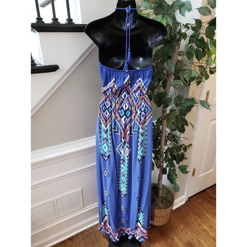 No Boundaries Long Maxi Dress Womens L Blue White Pleated Halter Neck Sleeveless - Image 3 of 4