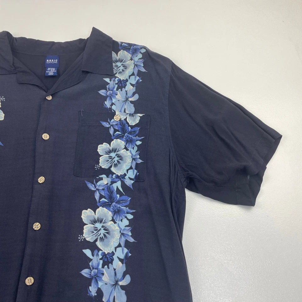 Basic Editions Hawaiian Shirt Floral Design Blue Short Sleeve Mens Large - Image 2 of 4