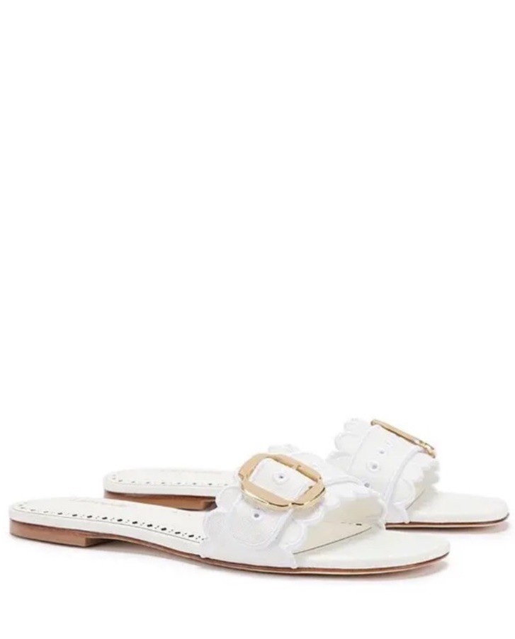 Larroude Ivy White Scalloped Buckle Flat Sandals Leather Insole Size 6.5