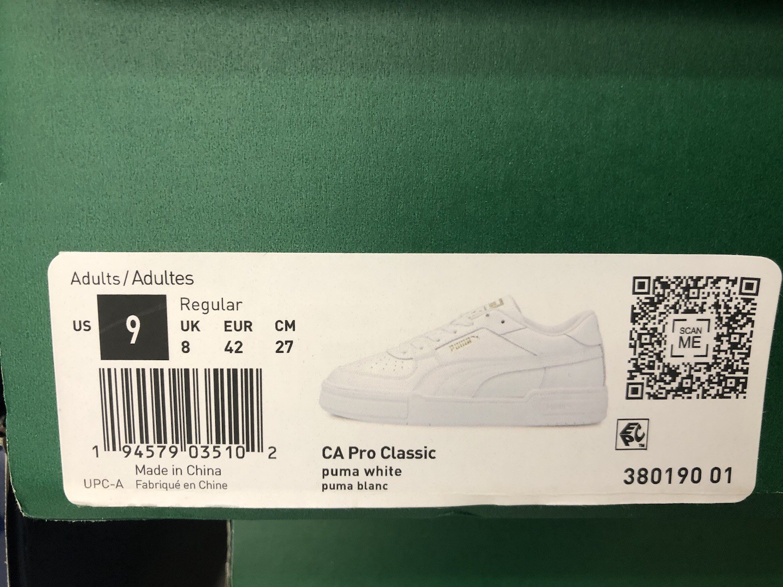 PUMA CA Pro Classic Lace Up  Mens Size 9 White Sneakers Casual Shoe 38019001 NEW