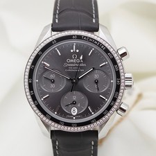 Omega Speedmaster Co-Axial 38mm SS Grey Dial Fixed Diamond Bezel Leather Strap