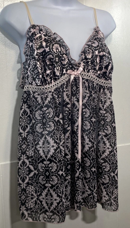 Linea Donatella Satén Babydoll Chemise Bata Conjunto Mujer Grande Rosa Negro Floral Foto 3 de 4