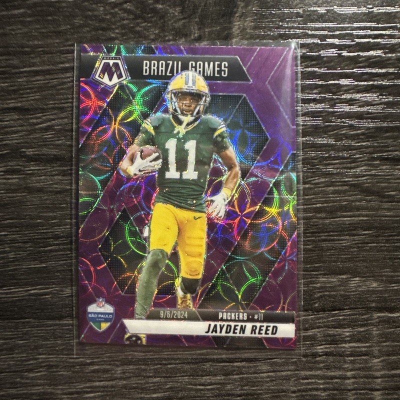 Jayden Reed Green Bay Packers 2025 Mosaic Brazil Games Purple Scope Prizm  