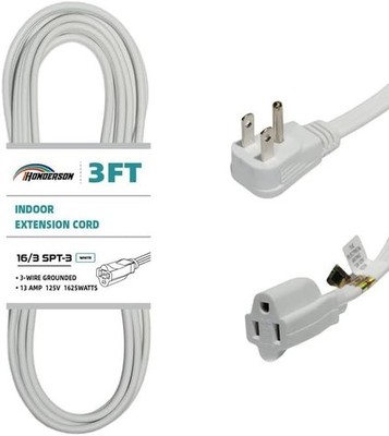 Flat Plug Extension Cord 3FT White 16 Gauge 3 Prong Grounded UL Indoor