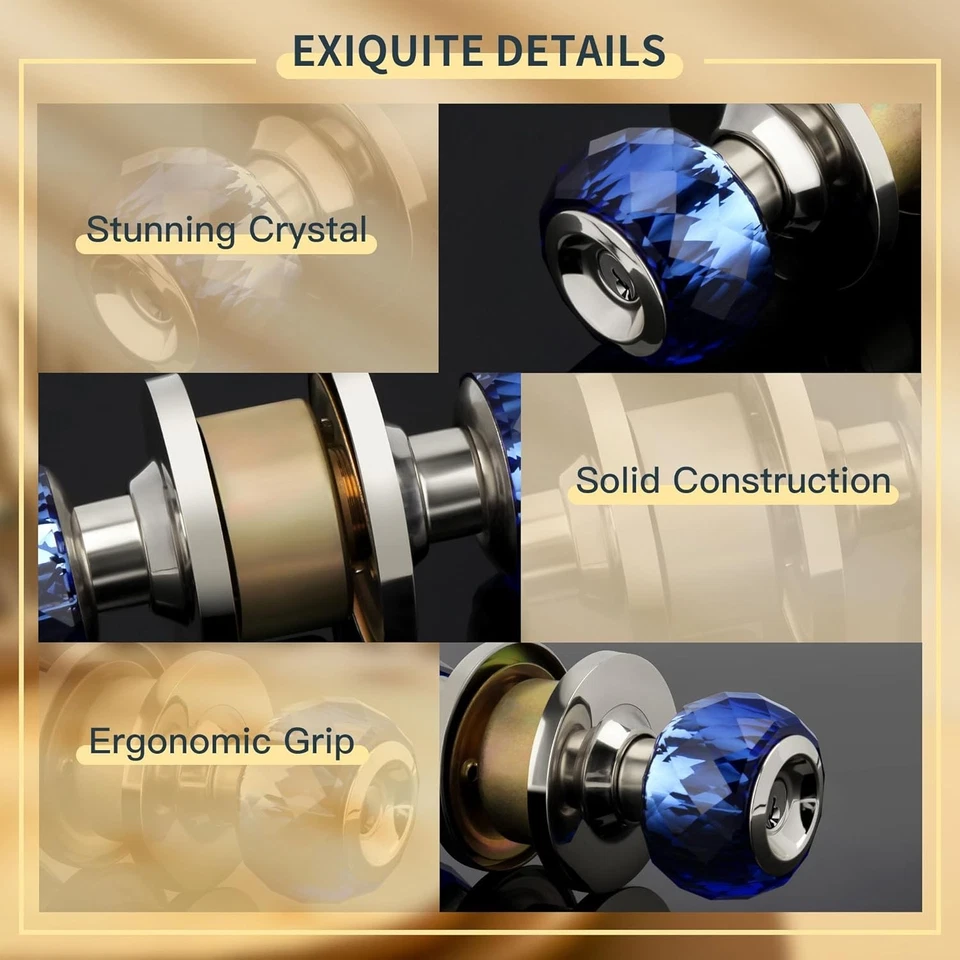 Perilla de puerta de cristal con cerradura de privacidad, perilla de puerta interior de vidrio azul con llaves y Foto 3 de 4