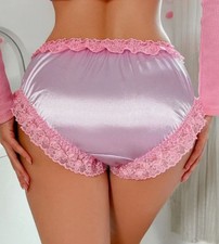 💖 Pink Lilac Satin Lace Frilly panties Bow Detail silky knickers size S 8 💖